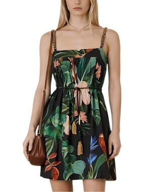 Farm Rio Midnight Macaw Mini Dress Tropical Bird Print Black Beaded Strap Size M